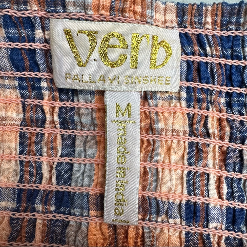 Verb by Pallavi Singhee x Anthropologie Ruffled Plaid Top Smocked Orange Medium - Picture 13 of 15